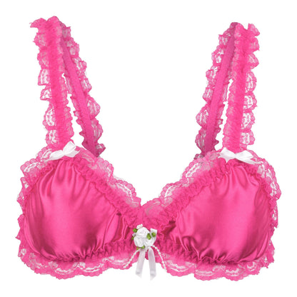 Satini Sissy Rüschen Spitze Tailliert Satin Bralette BH (Leuchtendes Pink, L)