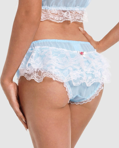 Satini Slip Damen Transparent Volants Spitze Rose, Babyblau - Weiß, XXL