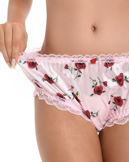 Satini Satin Gerüschte Spitze Sissy French Knickers Slips Höschen Unterwäsche (Zartrosa - rote Rosen, L)