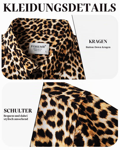 fohemr Herren Leopard Hemd Kurzarm Button down Tiger Tier Muster Freizeithemd Sommerhemd Gelb Small