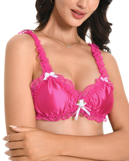 Satini Sissy Rüschen Spitze Tailliert Satin Bralette BH (Leuchtendes Pink, L)