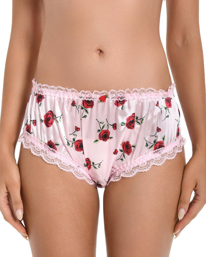 Satini Satin Gerüschte Spitze Sissy French Knickers Slips Höschen Unterwäsche (Zartrosa - rote Rosen, L)