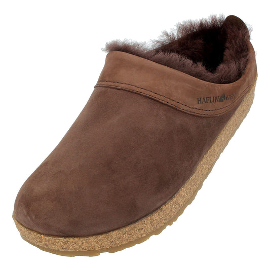 HAFLINGER Lammfellclog Snowbird Filzpantoffel Hausschuh Dunkelbraun (Kaffee 65), Gr 46