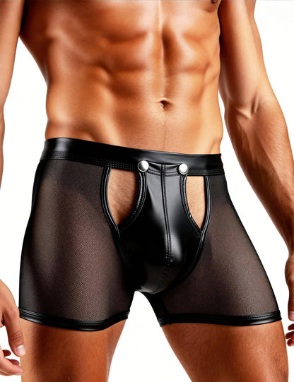 Herren Boxershorts mit Druckknöpfe Leder Unterhosen Schwarz M