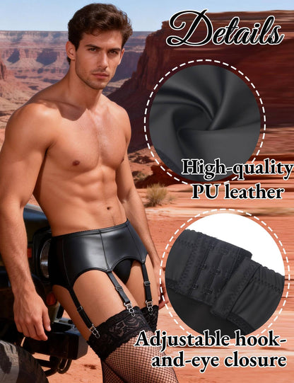 Herren Strapsgürtel PU Leder Schwarz Strumpfhalter für Männer Sissy Dessous Set Strumpfband mit 6 Halter Große Größen Erotische Unterwäsche Garter Belt Hosenträger Strapshalter Schwarz,M