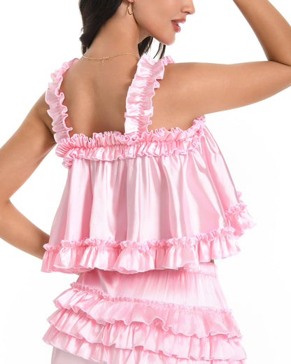 Satini Dessous Satin Sissy - Saum Rüschen Mieder Oberteil Zartrosa