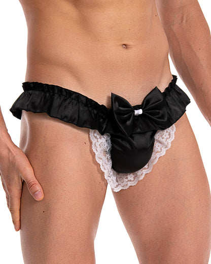 Satini Satin Rüsche die Schleife Tanga Sissy Boy-Shorts Slips Höschen Unterwäsche (Schwarz, L)