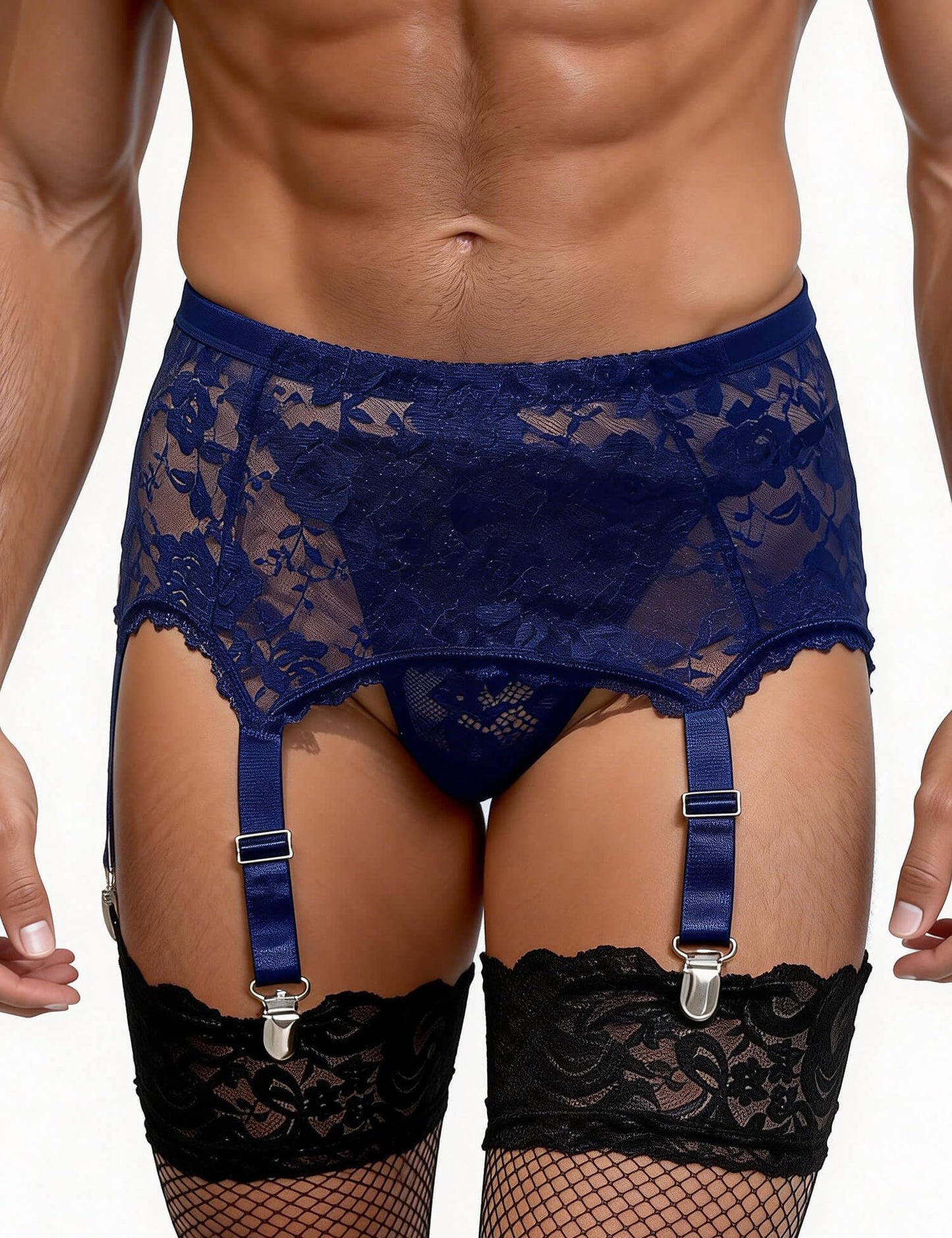 Sexy Strapsgürtel Herren Spitze Strapshalter Große Größen Strapsen Dessous Set Crossdresser Gay Unterwäsche Oberschenkel Strumpfband Garter Belt mit 6 Halter und String Blau M