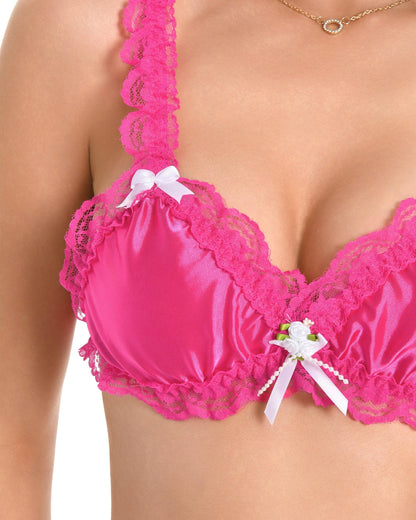 Satini Sissy Rüschen Spitze Tailliert Satin Bralette BH (Leuchtendes Pink, L)