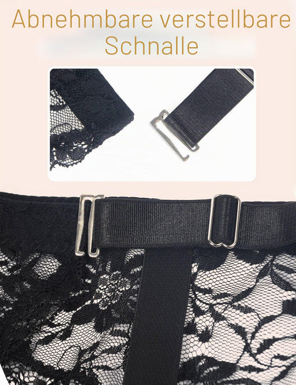 Herren Set Dessous Männer Sexy Reizwäsche Strumpfhalter Spitze Ouvert Slip Unterwäsche Strumpfgürtel mit 4 Clip Mens Underwear Große Größen Strapsgürtel mit String Schwarz,L