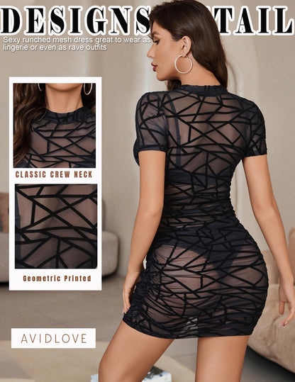 Damen Elegant Kleid Sexy Mesh Dress Party Outfit Rave KostümLinie XL