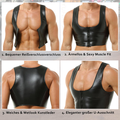 Herren Unterhemden Kunstleder Tanktops Muscle Fit Ärmellose Weste Tops Hemden Party Club Motorrad Mode Unterhemden
