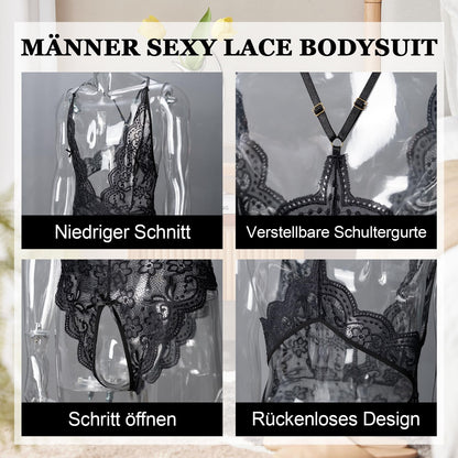 Herren Lace Spitze Strampler Sexy Mesh Tulle Badeanzug Sissy Tanga Strampler Kleid (Schwarz)