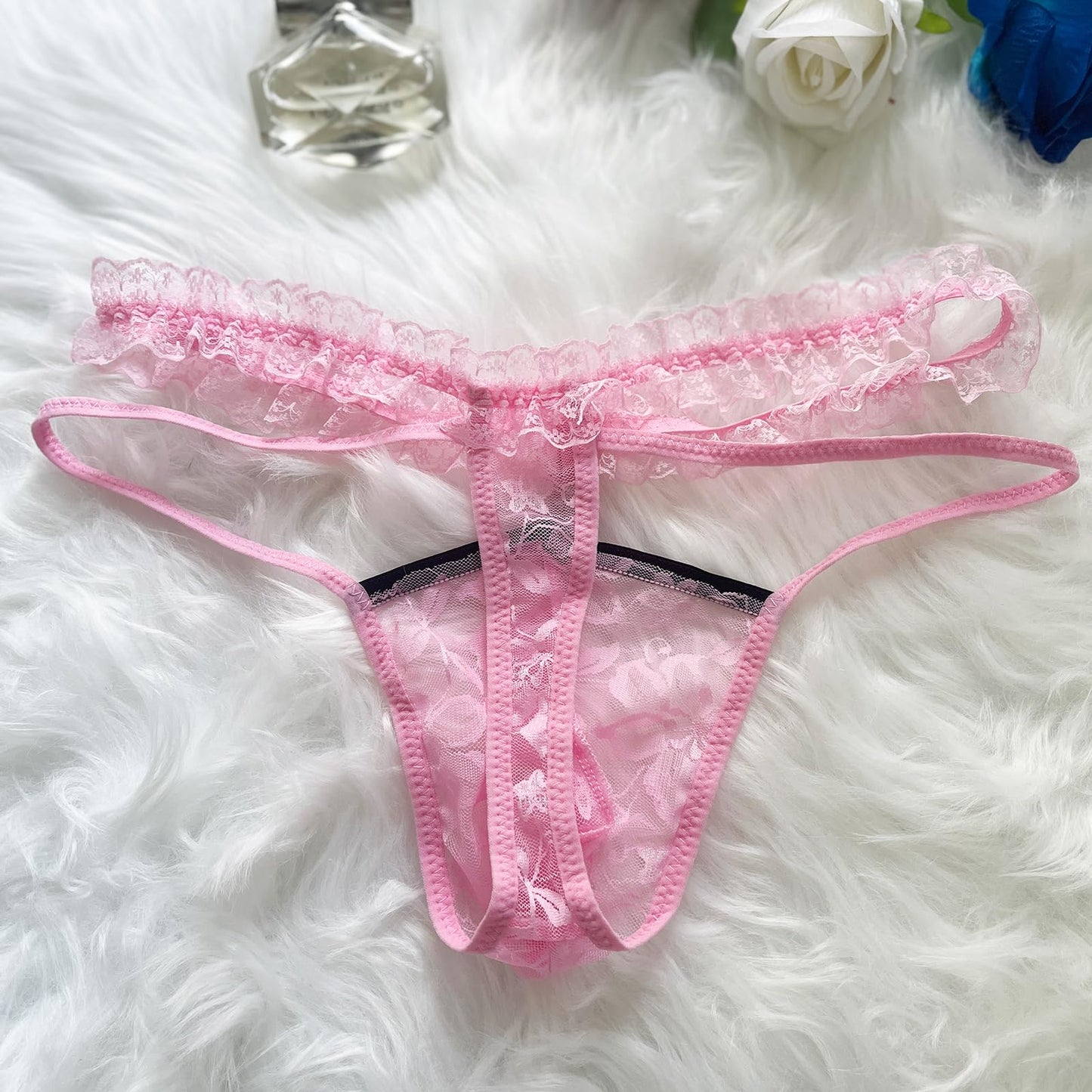 Herren-Stringtanga mit Spitze, Rüschen, Tanga, femininer G-String, Femboy - Crossdresser, Pink