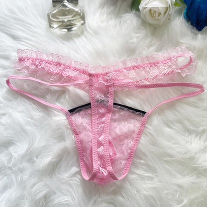 Herren-Stringtanga mit Spitze, Rüschen, Tanga, femininer G-String, Femboy - Crossdresser, Pink