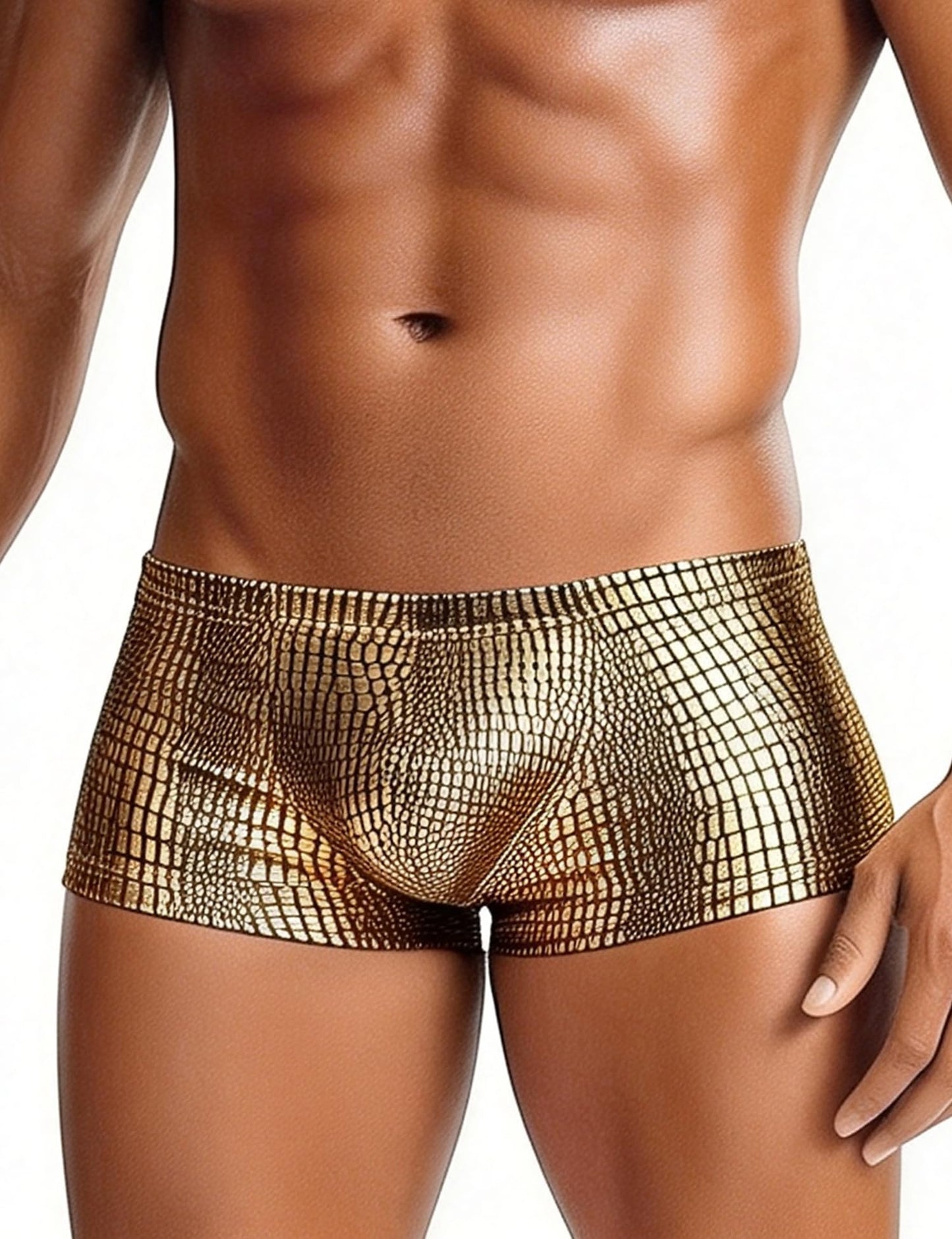 Herren Boxershorts Schlangenmuster Kunstleder Unterhosen Gold M