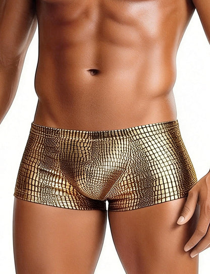 Herren Boxershorts Schlangenmuster Kunstleder Unterhosen Gold M
