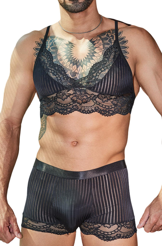 Männer Unterwäsche Set Herren Mesh Thong Niedrige Taille Reizwäsche Transparent BH und Slips Spitze Dessous Set 2tlg