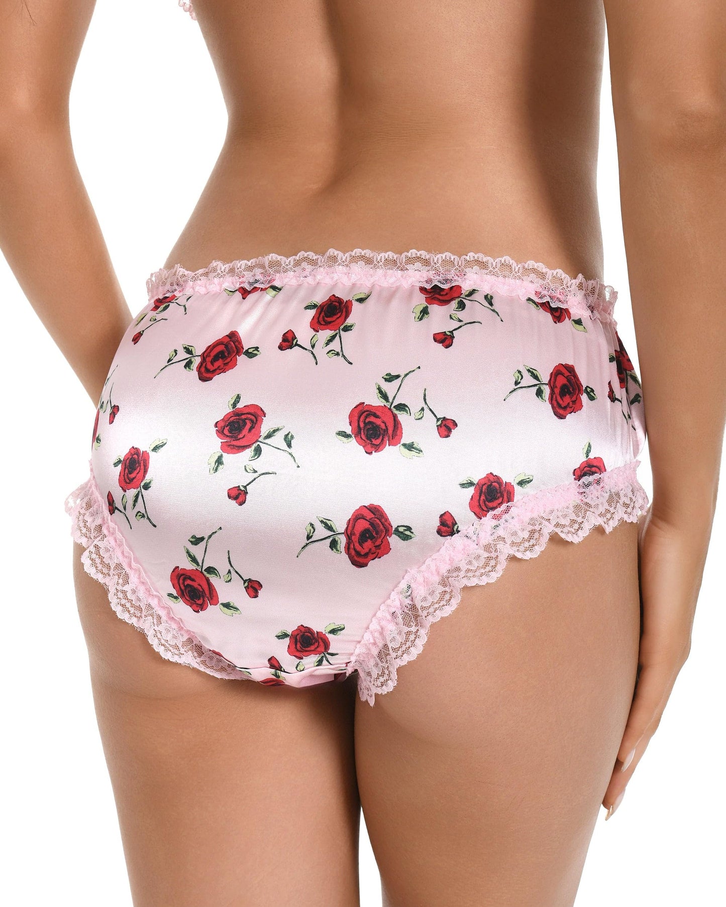Satini Satin Gerüschte Spitze Sissy French Knickers Slips Höschen Unterwäsche (Zartrosa - rote Rosen, L)