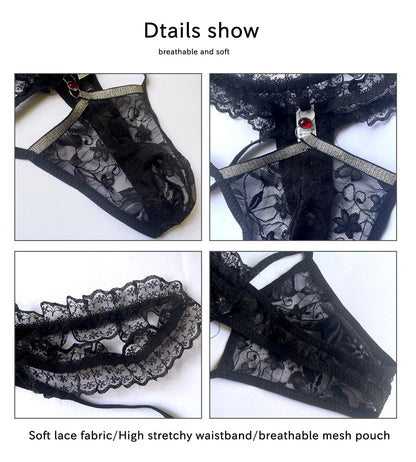 Herren-Stringtanga mit Spitze, Rüschen, Tanga, femininer G-String, Unterwäsche für Herren, sexy Dessous, Schwarz, Einheitsgröße