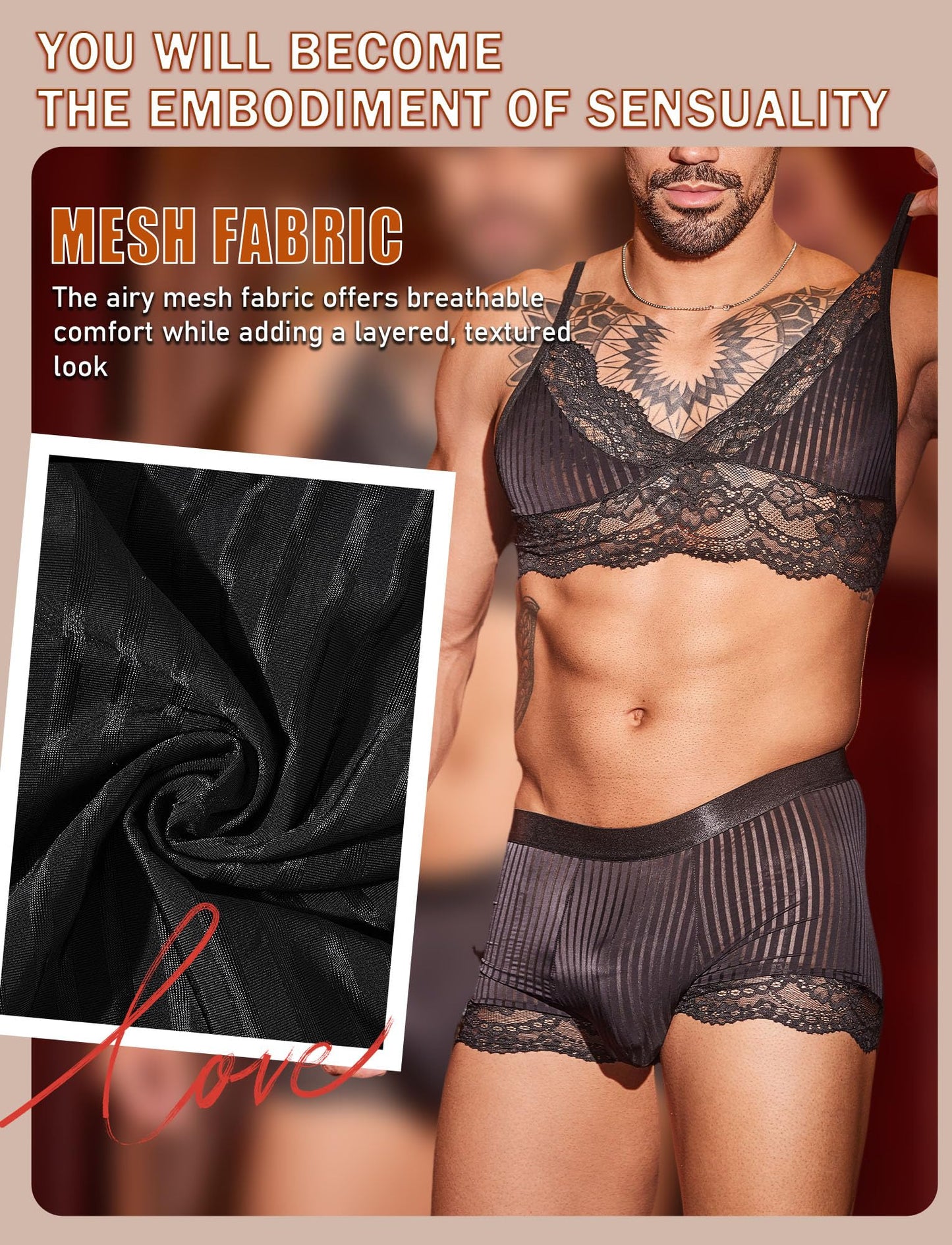 Männer Schwarz Crossdressing Dessous-Set Spitzen-BH Unterwäsche Set 2-Teilig