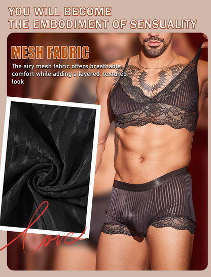 Männer Schwarz Crossdressing Dessous-Set Spitzen-BH Unterwäsche Set 2-Teilig
