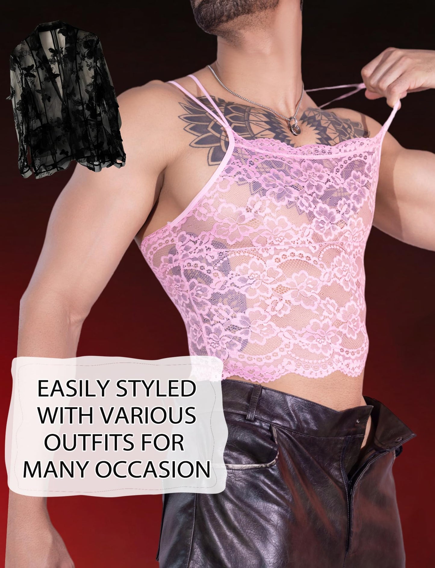 Men's Sissy Lace Crop Top Double Straps Floral Lace Tank Top Undershirt Sleeveless Vest Sexy Sheer Shirt Rosa