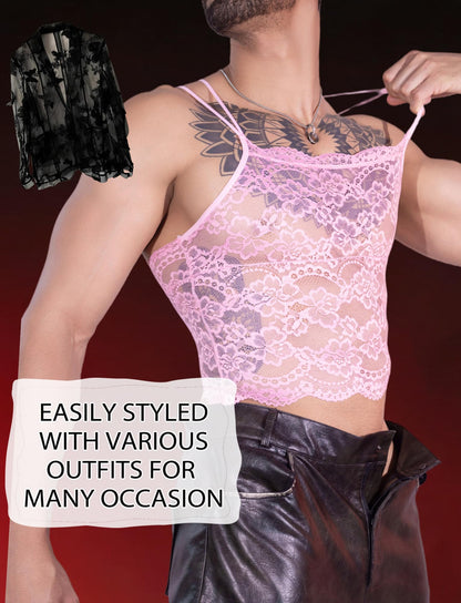 Men's Sissy Lace Crop Top Double Straps Floral Lace Tank Top Undershirt Sleeveless Vest Sexy Sheer Shirt Rosa