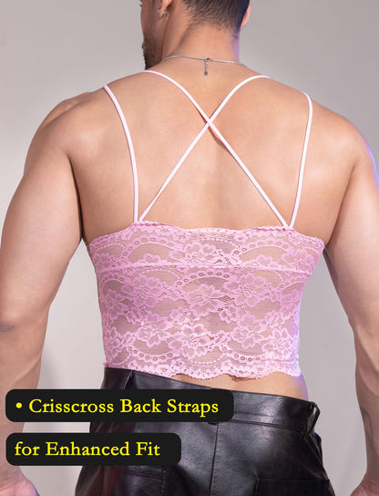 Men's Sissy Lace Crop Top Double Straps Floral Lace Tank Top Undershirt Sleeveless Vest Sexy Sheer Shirt Rosa