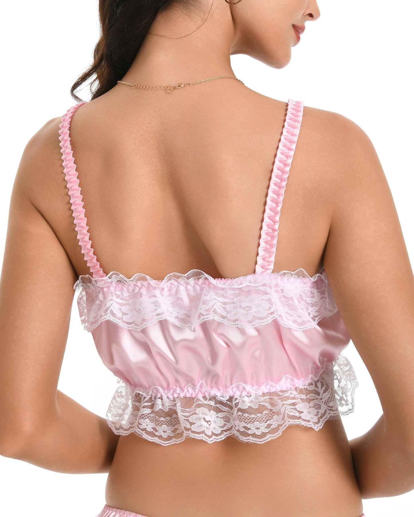 Satini Sissy Rüschen Spitze Tailliert Seidig Satin Dessous Bralette (Zartrosa, L)