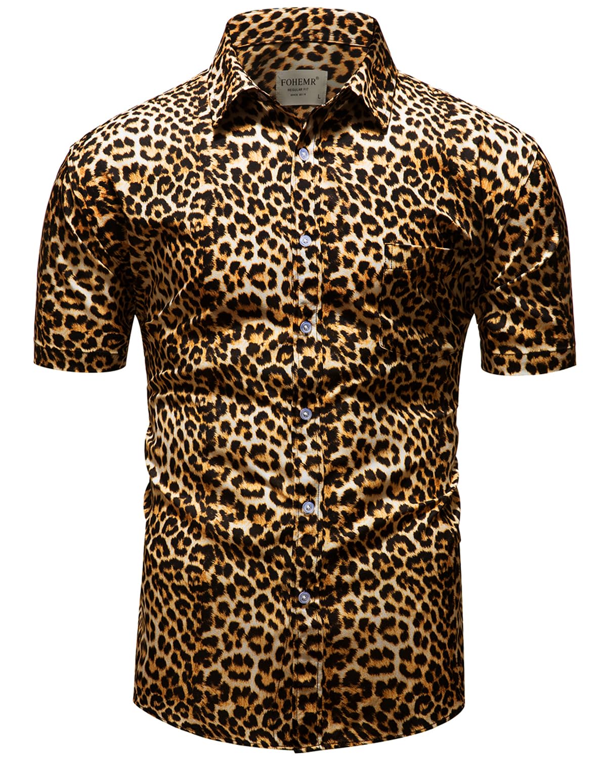 fohemr Herren Leopard Hemd Kurzarm Button down Tiger Tier Muster Freizeithemd Sommerhemd Gelb Small