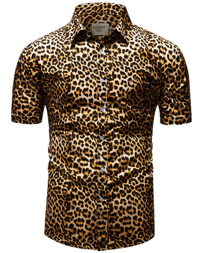 fohemr Herren Leopard Hemd Kurzarm Button down Tiger Tier Muster Freizeithemd Sommerhemd Gelb Small