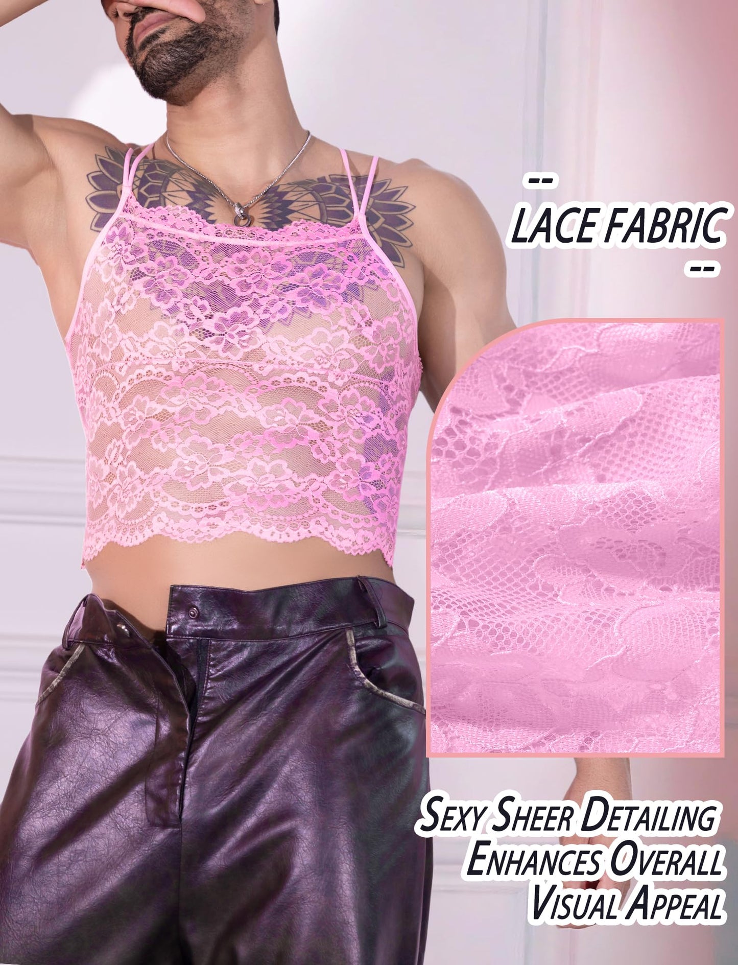Men's Sissy Lace Crop Top Double Straps Floral Lace Tank Top Undershirt Sleeveless Vest Sexy Sheer Shirt Rosa