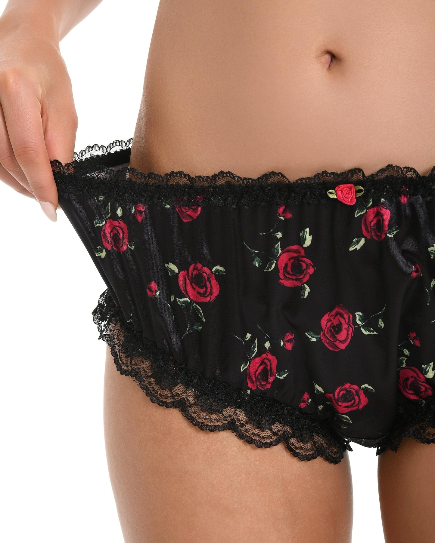 Satini Satin Gerüschte Spitze Sissy French Knickers Slips Höschen Unterwäsche (Schwarz - rote Rosen, L)