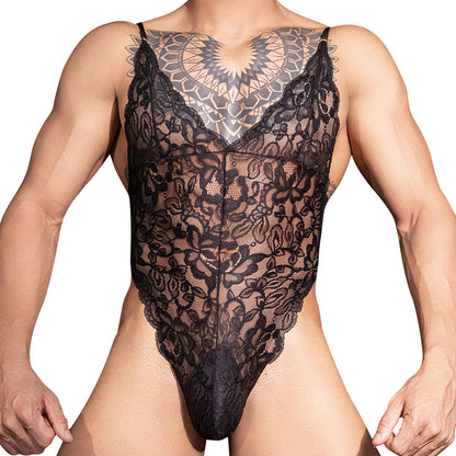 Reizwäsche Herren Spitze String Bodysuit transparent Sissy Dessous Stringbody mit verstellbaren Trägern V-Ausschnitt, erotische Nachtwäsche für Männer