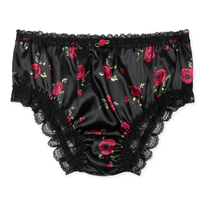 Satini Satin Gerüschte Spitze Sissy French Knickers Slips Höschen Unterwäsche (Schwarz - rote Rosen, L)