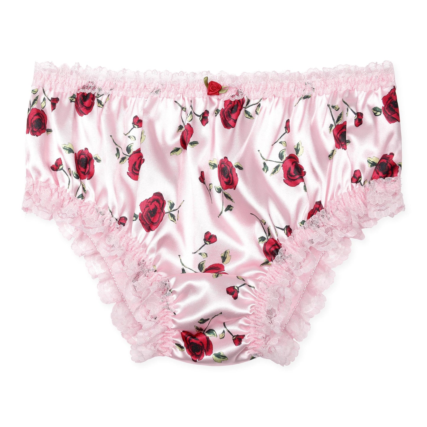 Satini Satin Gerüschte Spitze Sissy French Knickers Slips Höschen Unterwäsche (Zartrosa - rote Rosen, L)
