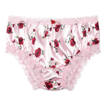 Satini Satin Gerüschte Spitze Sissy French Knickers Slips Höschen Unterwäsche (Zartrosa - rote Rosen, L)
