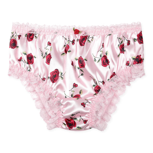 Satini Satin Gerüschte Spitze Sissy French Knickers Slips Höschen Unterwäsche (Zartrosa - rote Rosen, L)