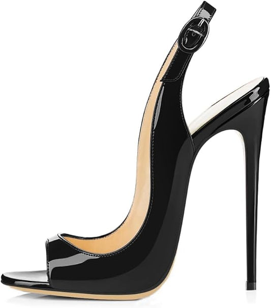 EDEFS Damenschuhe 120mm Peep Toe Slingback High Heels Sandalen Schwarz 40