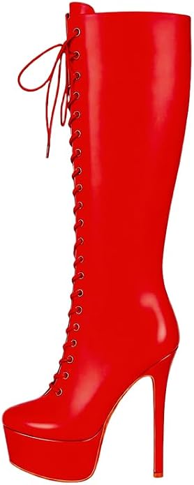 Meieer Damen Kniehohe Plateau-Stiefel Schnürstiefel mit hohem Stilettoabsatz Modische Boots für Party, Club & Bühne Lackleder Schwarz 36 EU