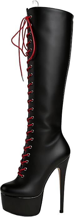 Meieer Damen Kniehohe Plateau-Stiefel Schnürstiefel mit hohem Stilettoabsatz Modische Boots für Party, Club & Bühne Lackleder Schwarz 36 EU