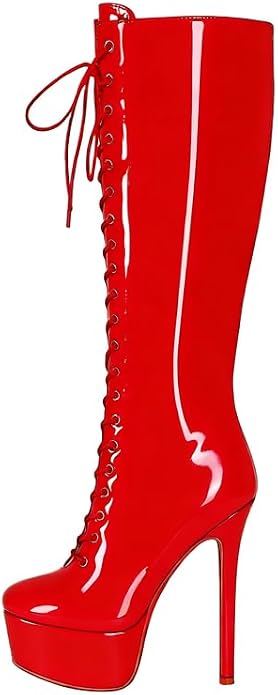 Meieer Damen Kniehohe Plateau-Stiefel Schnürstiefel mit hohem Stilettoabsatz Modische Boots für Party, Club & Bühne Lackleder Schwarz 36 EU