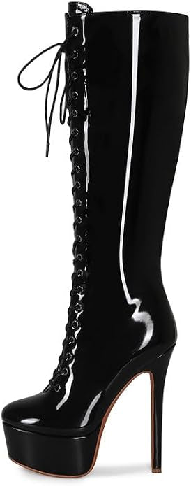 Meieer Damen Kniehohe Plateau-Stiefel Schnürstiefel mit hohem Stilettoabsatz Modische Boots für Party, Club & Bühne Lackleder Schwarz 36 EU
